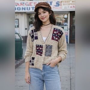 Vintage Talbots Patchwork Floral Knit Wool Blend Cardigan Sweater Size Small